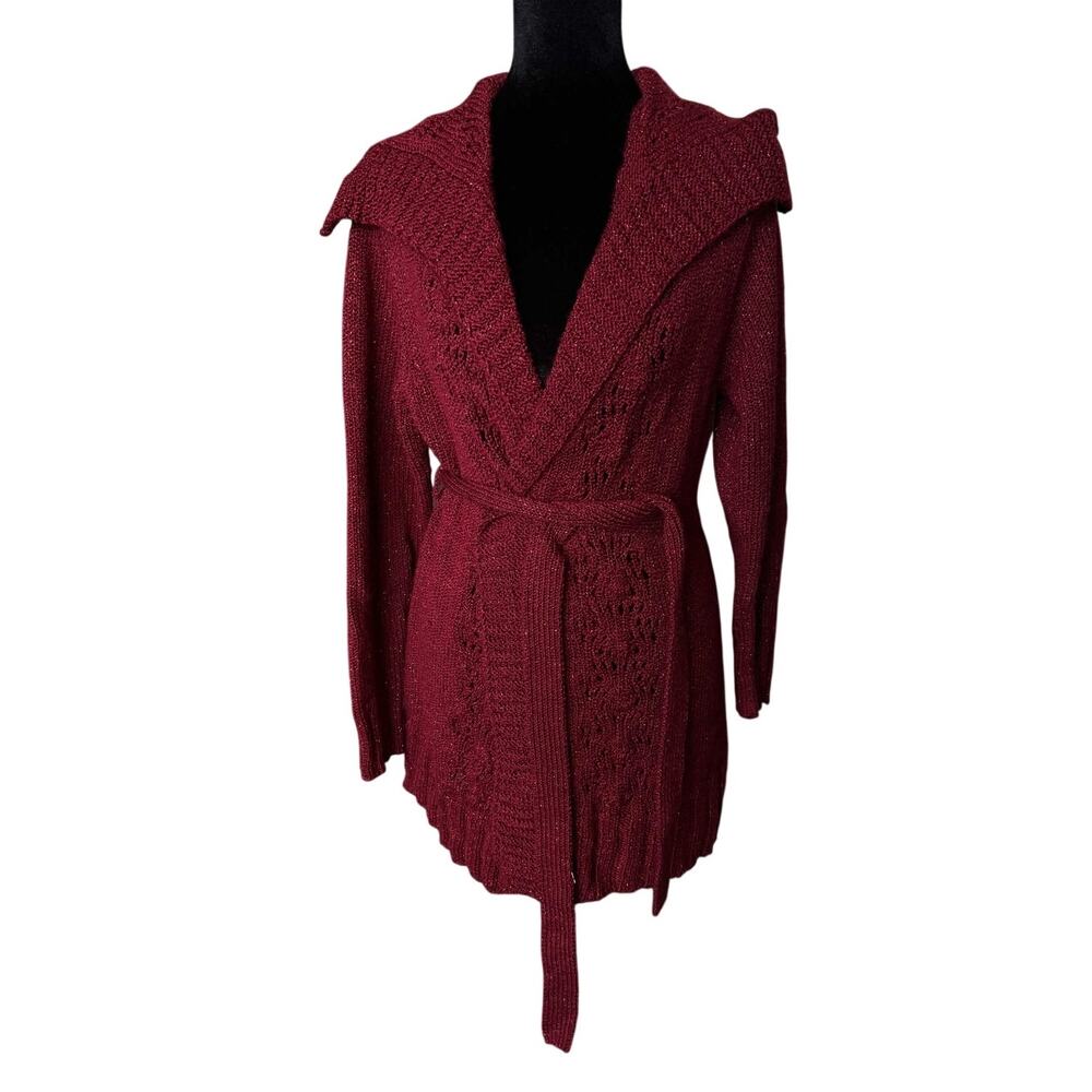 Chicos Metallic Knit Belted Cardigan Sweater Red Wine Shimmer Holiday Glam XL